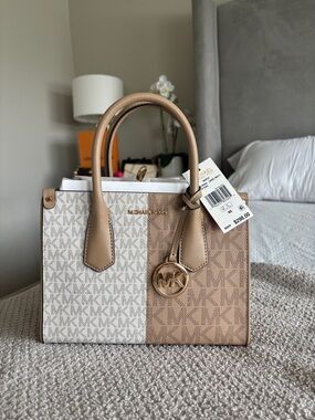 Michael Kors Two-Tone Beige and White Logo Satchel
